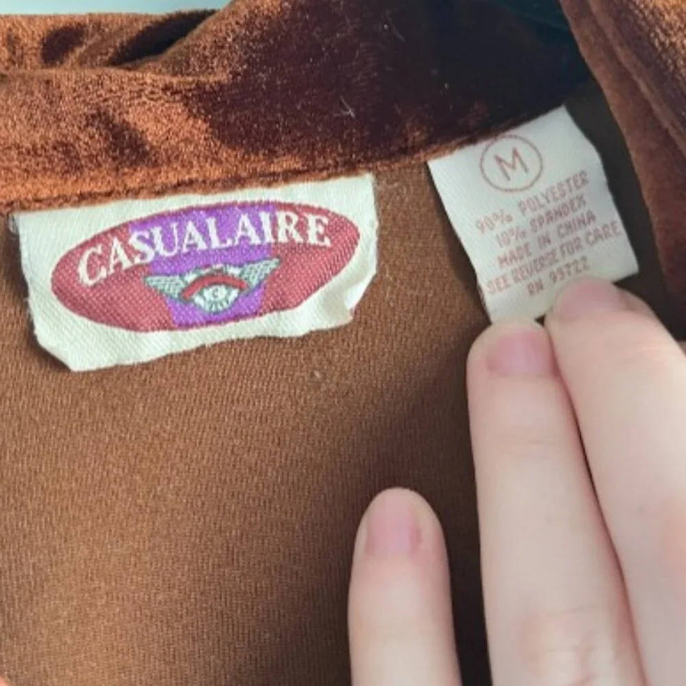 Vintage 90s Velvet Button Down Shirt Brown Oversized Casualaire Size M - Picture 6 of 6